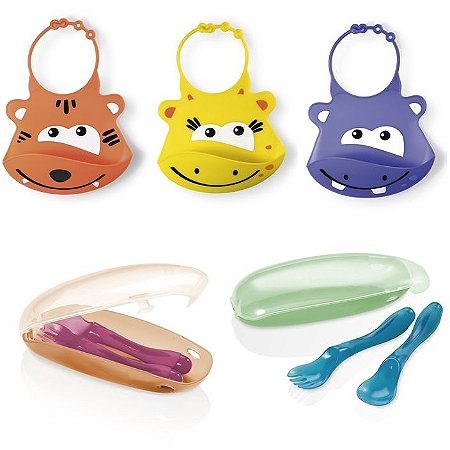 COMBO - Babador de Silicone Silybib + Colher e Garfo com Estojo Multikids Baby