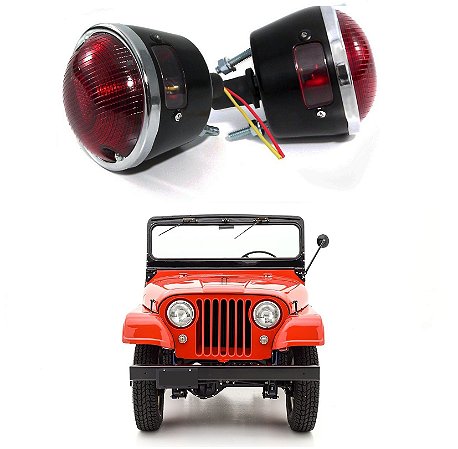 Lanterna Traseira Jeep CJ5 Willys / Ford com Aro Cromado e Vigia - Par