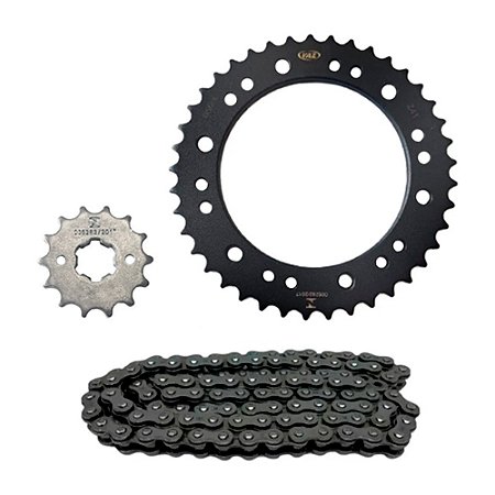 KIT DE TRANSMISSAO CORRENTE COM RETENTOR ACO 1045 - CORRENTE 428H x 128 + COROA 41 DENTES + PINHAO 14 DENTES \ FZ15A 2