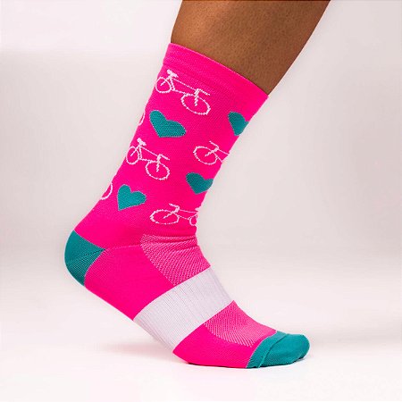 MEIA CANO ALTO CICLISMO MOUNTAIN BIKE ACADEMIA CORAÇÃO ROSA FLÚOR