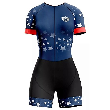 MACAQUINHO CICLISMO MANGA CURTA FEMININO RKC AZUL COM ESTRELAS MODELO