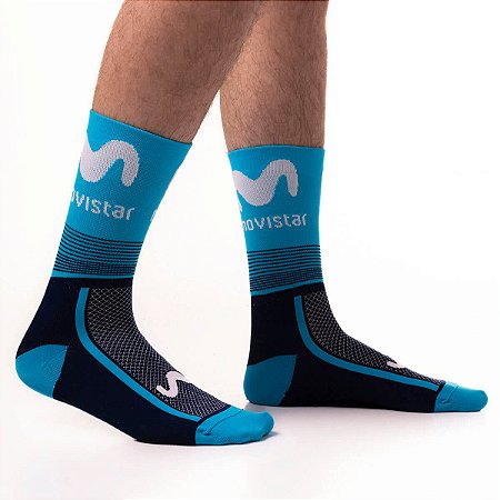 MEIA CANO ALTO CICLISMO MOUNTAIN BIKE ACADEMIA MOVISTAR AZUL CLARO