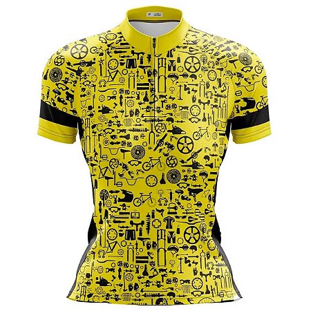 CAMISA CICLISMO FEMININA MOUNTAIN BIKE MANGA CURTA PEÇINHAS AMARELA