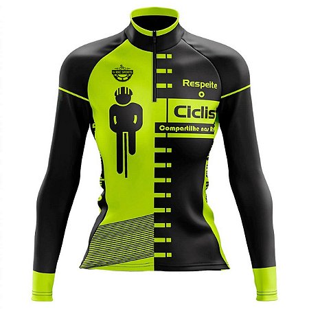 CAMISA CICLISMO FEMININA MOUNTAIN BIKE MANGA LONGA RESPEITE O CICLISTA FLÚOR