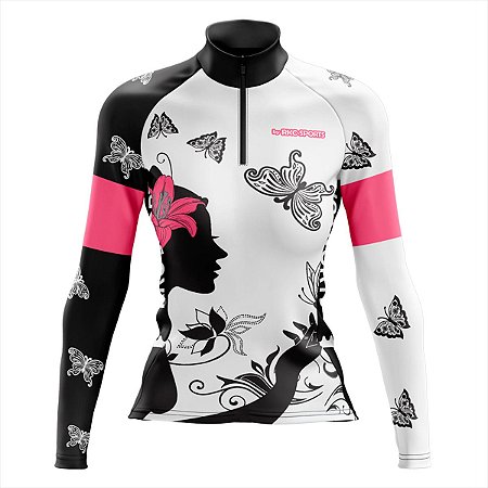 CAMISA CICLISMO FEMININA MOUNTAIN BIKE MANGA LONGA BORBOLETAS BRANCA