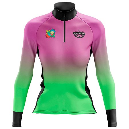 CAMISA CICLISMO FEMININA MANGA LONGA AUTISMO ÁRVORE ROXO E VERDE