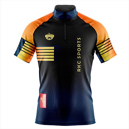 CAMISA CICLISMO MASCULINA MOUNTAIN BIKE MANGA CURTA LISTRADA PRETO E LARANJA