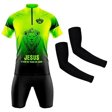 CONJUNTO DE CICLISMO MASCULINO LEÃO DA TRIBO DE JUDÁ MANGA CURTA COM MANGUITO