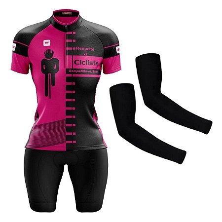 CONJUNTO CICLISMO FEMININO BERMUDA FORRO ESPUMA RESPEITE CICLISTA ROSA COM MANGUITO