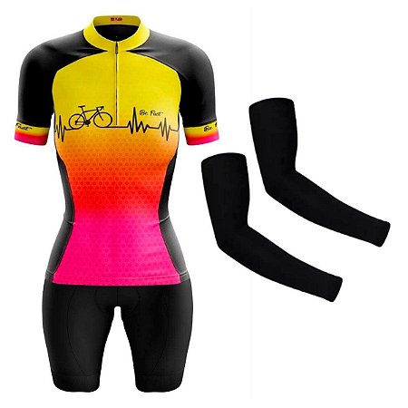 CONJUNTO CICLISMO FEMININO BERMUDA FORRO ESPUMA BATIMENTOS FLÚOR COM MANGUITO