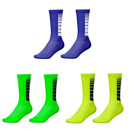 KIT 3 MEIAS DE CICLISMO AZUL FLÚOR E VERDE CLARO RISCOS