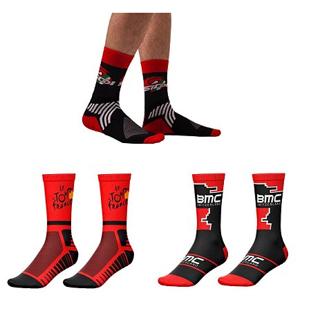 KIT 3 MEIAS DE CICLISMO SIDI TOUR DE FRANCE VERMELHA E BMC