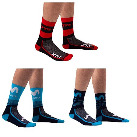 KIT 3 MEIAS DE CICLISMO MOVISTAR AZUL E CHUMBO XTR VERMELHA