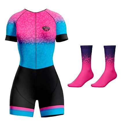 MACAQUINHO ONCA ROSA CONJUNTO CICLISMO E MEIA PIXEL ROSA ROUPA FEMININO