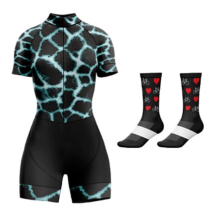 MACAQUINHO CICLISMO MOUNTAIN BIKE FEMININO FORRO EM GEL RKC ZEBRA E MEIA BIKE PRETA