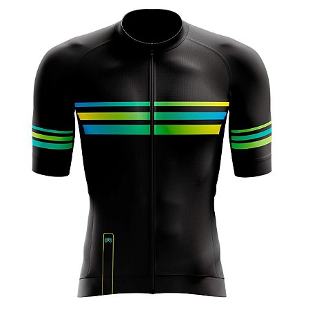 CAMISA CICLISMO MASCULINA SMART ZÍPER TOTAL MOUNTAIN BIKE MANGA CURTA LISTRADA PRETA