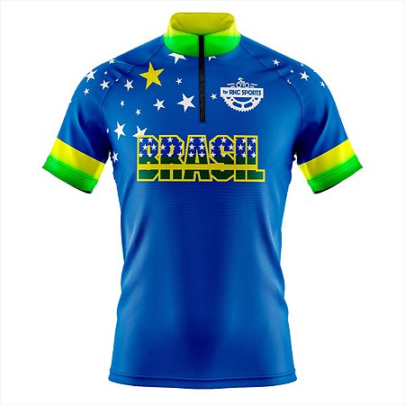 CAMISA CICLISMO MASCULINA MOUNTAIN BIKE MANGA CURTA BRASIL ESTRELAS AZUL UV+50