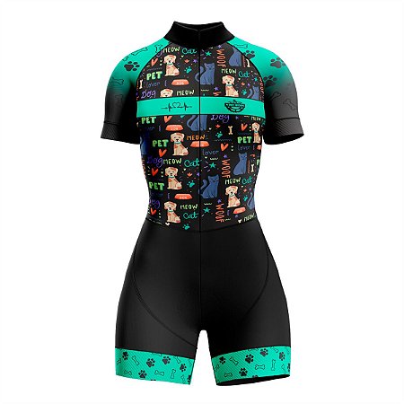 MACAQUINHO CONJUNTO CICLISMO FEMININO CÃES AZUL CELESTE