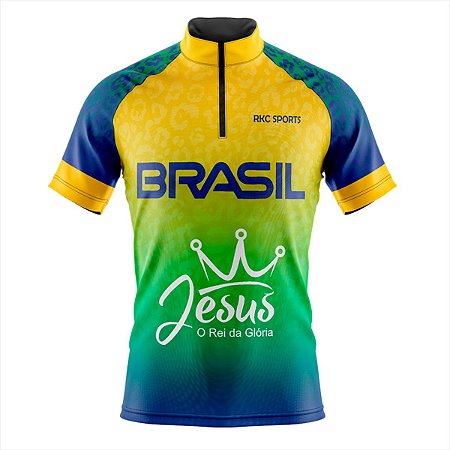Camisa Ciclismo Masculina Brasil Jesus o Rei da Glória UV+50