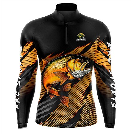 Camisa De Pesca Masculina Manga Longa Preta e Laranja Uv+50