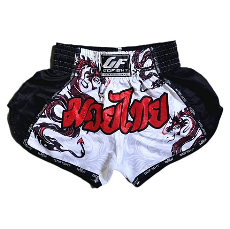 Short Muay Thai Estilo Tailandês Go Fight Dragon White