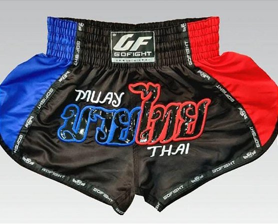 Short Muay Thai Estilo Tailandês Go Fight Blue n Red
