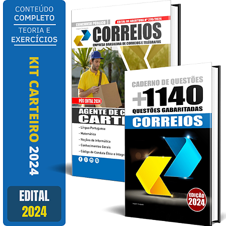 KIT Apostila CORREIOS 2024 - Carteiro + Caderno de Exercícios - 1140 Questões