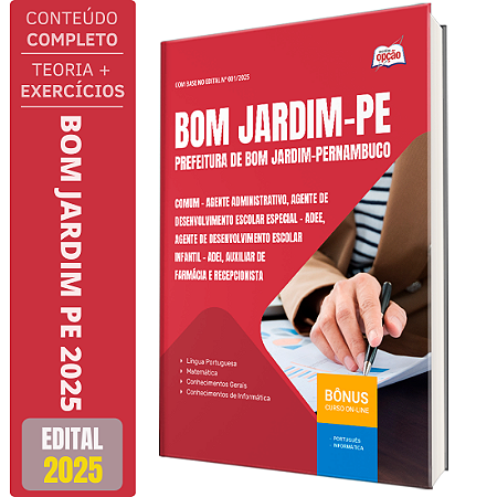 Apostila Prefeitura de Bom Jardim PE 2025 - Comum - Agente Adm, ADEE, ADEI, Auxiliar de Farmácia e Recepcionista