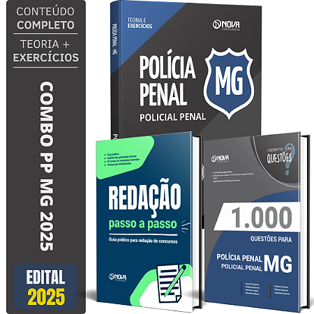 Combo Apostila Polícia Penal PP MG 2025 + Livro 1000 Questões + Livro de Redação