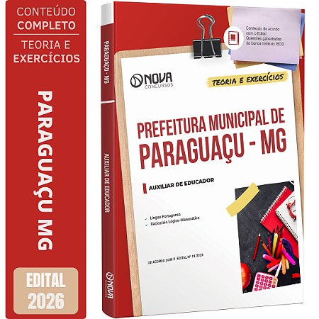 Apostila Prefeitura de Paraguaçu MG 2026 - Auxiliar de Educador