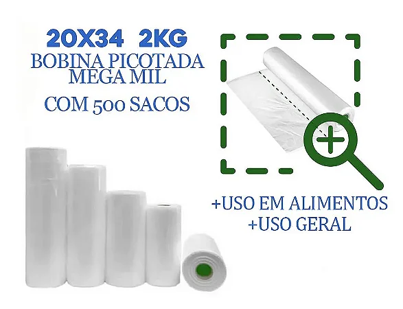 Bobina Picotada Mega Mil 20X34 2Kg 500 Sacos