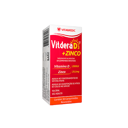 Vitdera D3 2000 UI + Zinco 29,5mg da Vitamedic – Contém 30 Comprimidos