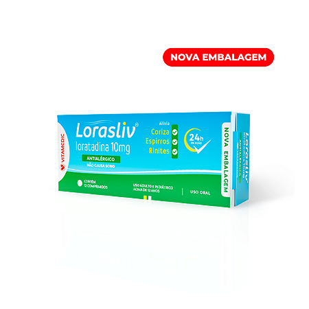Lorasliv Antialérgico, Loratadina de 10mg da Vitamedic - Contém 12 Comprimidos