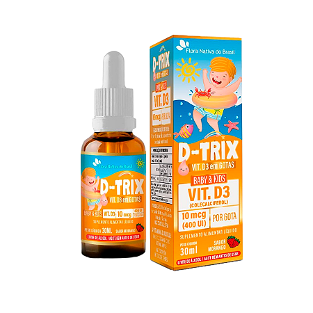 D-Trix, Vitamina D3 10mcg de 400UI, Sabor Morango, Flora Nativa - Frasco 30ml