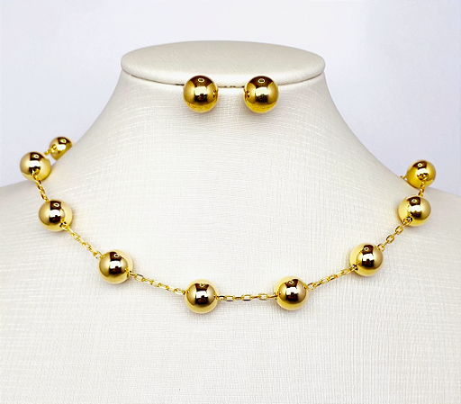 Conjunto colar e brincos bolinhas banhado a ouro 18K