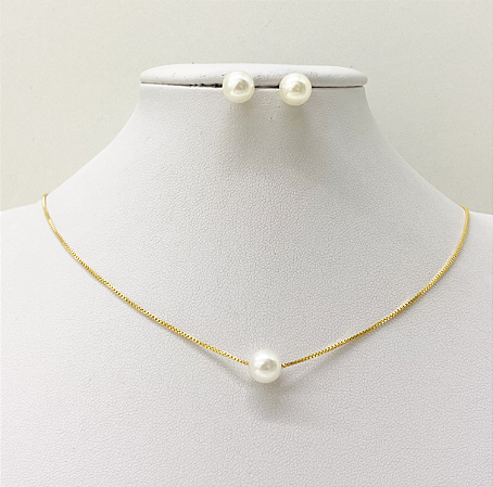 Conjunto colar e brincos 1 pérola banhado a ouro 18K