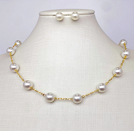 Conjunto choker e brincos pérolas banhado a ouro 18K