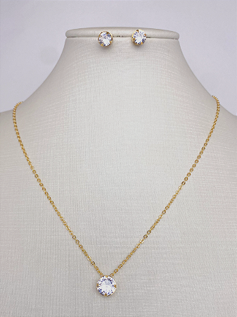Conjunto ponto de Luz em zicôrnia Cristal redondas banhada a ouro 18K