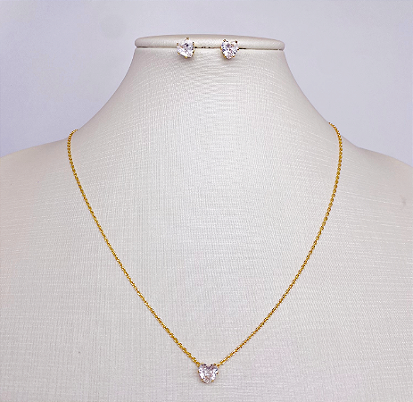 Conjunto Coração em zicôrnias Cristal Banhados a ouro 18K