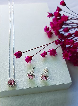 Conjunto Premium colar e brincos Cravejado em Zircônias Rose prata 925