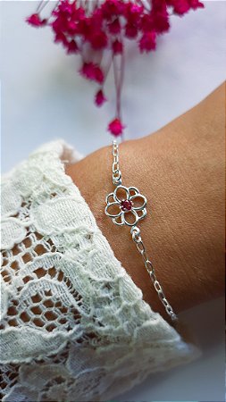 Pulseira flor Rosa em prata 925