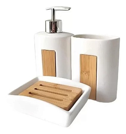 Kit Banheiro Cerâmica White And Wood Branco 3 Peças - Wincy