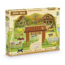SITIO FELIZ PLAYSET EM MADEIRA COM 10 ANIMAIS JUNGES