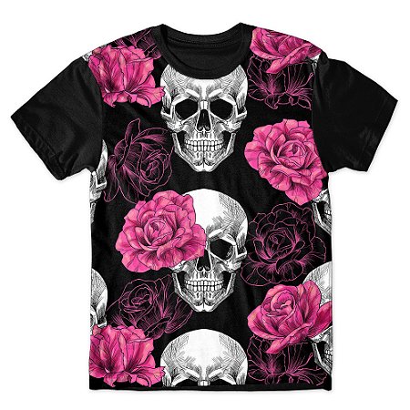 Camiseta T-shirt As Braba Caveiras Rosas Full Print Preta