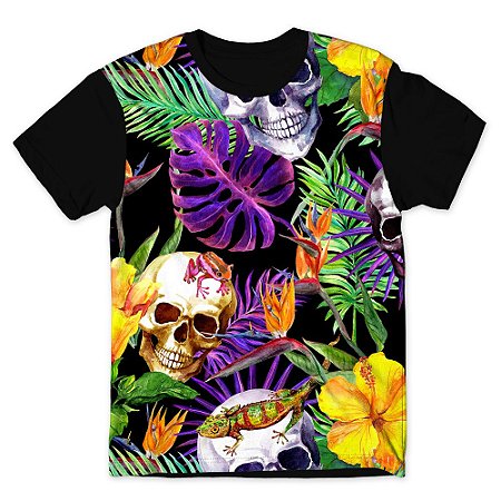 Camiseta T-shirt As Braba Caveira Tropical Full Print Preta