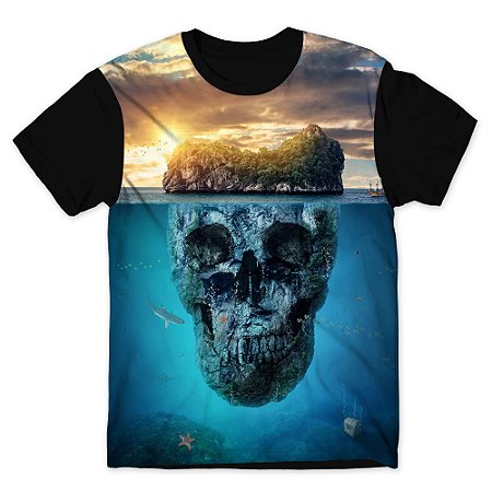 Camiseta T-shirt As Braba Ilha Caveira Full Print Preta