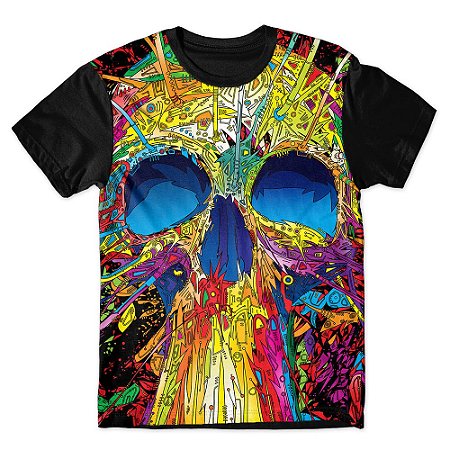 Camiseta T-shirt As Braba Caveira Psicodélica Full Print Preta