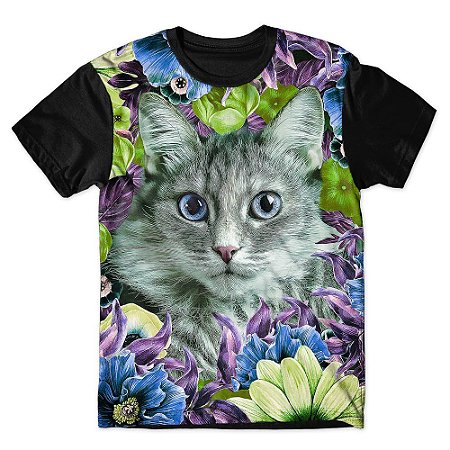 Camiseta As Braba Masculina Gato Flores Full Print