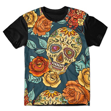 Camiseta As Braba Masculina Caveira Mexicana e Flores Full Print