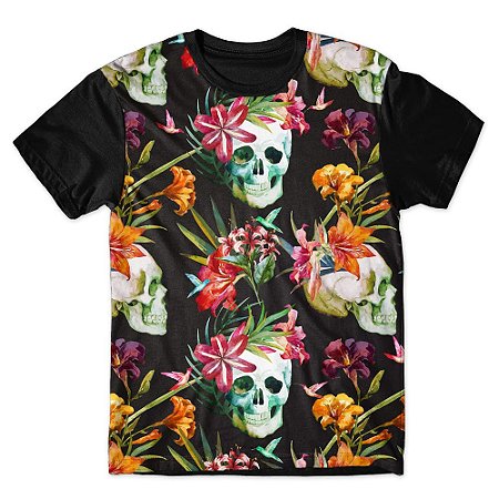Camiseta As Braba Masculina Caveira e Flores Full Print